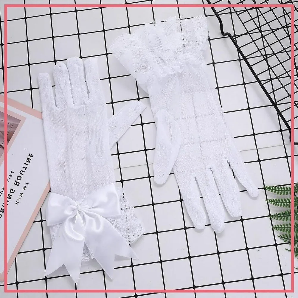 Women's Evening White Short Bow Lace Gloves Mitten Party Costume Accessories